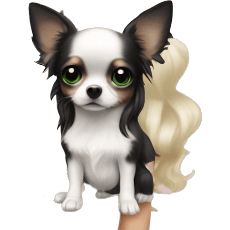 pale blonde girl with long platinum white wavy hair with bright green eyes and wearing a light pink hair bow holding a black and white long haired chihuahua puppy also wearing a hair bow emoji