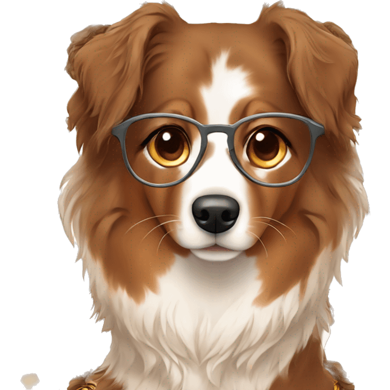 A girl glasses Hazel eyes with long brown hair light Skin and a Red Australian Shepherd  emoji