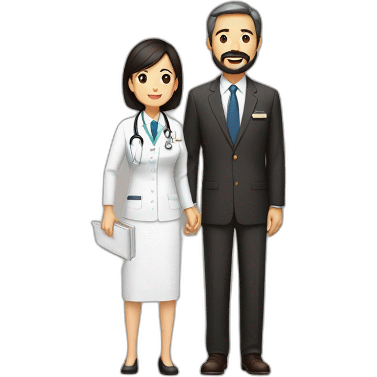 husband american age 64 dark brown hair trimmed beard wearing business suit holding bible, wife asian age 64 black shoulder length hair wearing nurse uniform, no children emoji