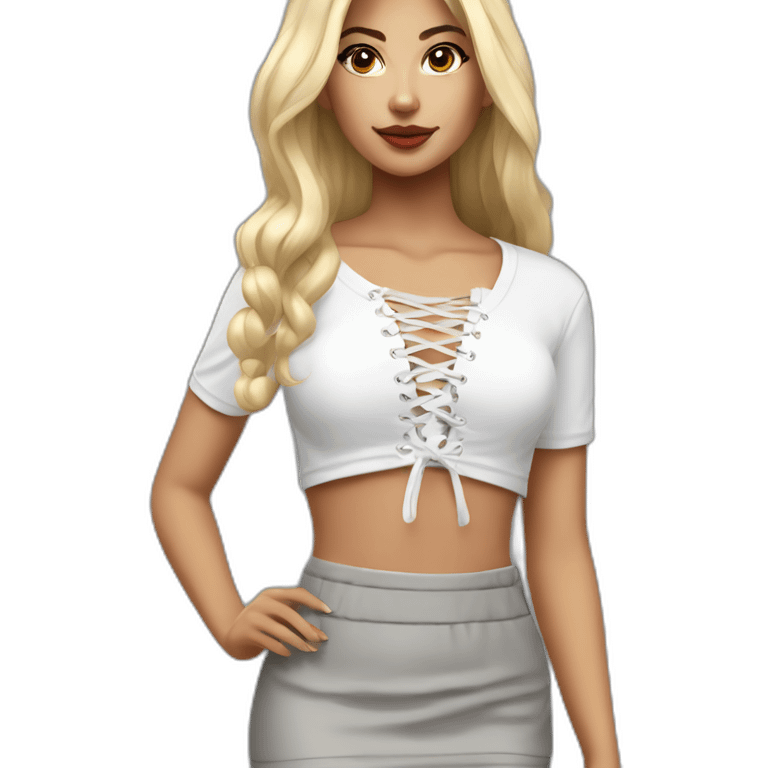 white long straight blonde woman realistic white lace up crop top and grey mini skirt emoji