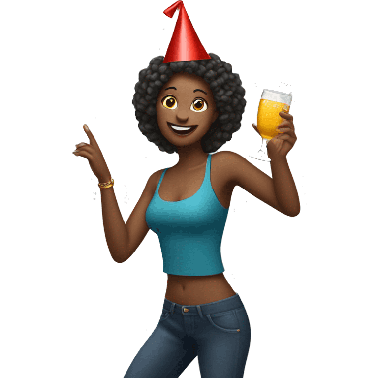 Woman dancing with drink in her hand wearing party hat emoji