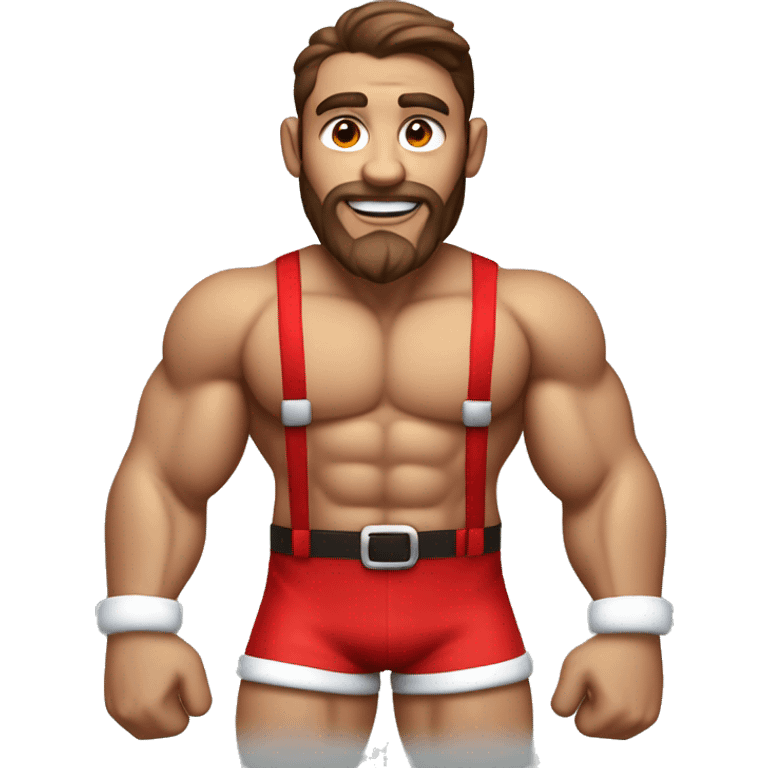 An athletic, muscular Santa Claus figure with brown hair, without beard, wearing only bright red boxer shorts with suspenders and socks  emoji