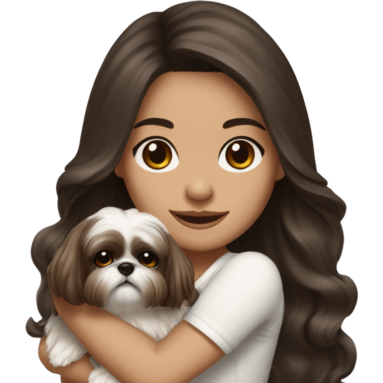 Young dark brunette medium kin hair woman with a cream shih tzu in her arms long wavy hair emoji