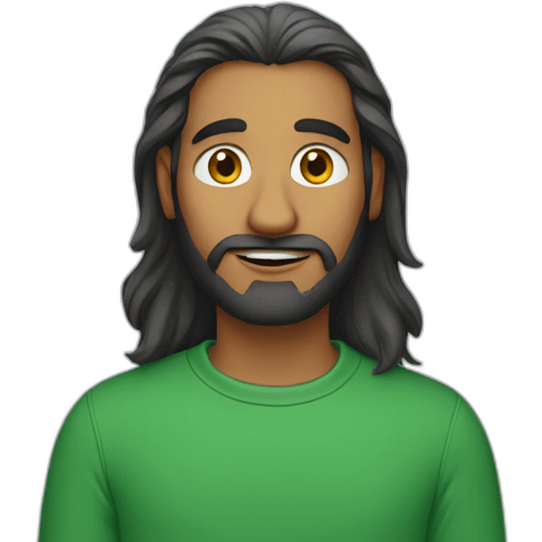 an indian man wearing a green sweatshirt, long hair, no facial hair, waving goodbye, close up emoji