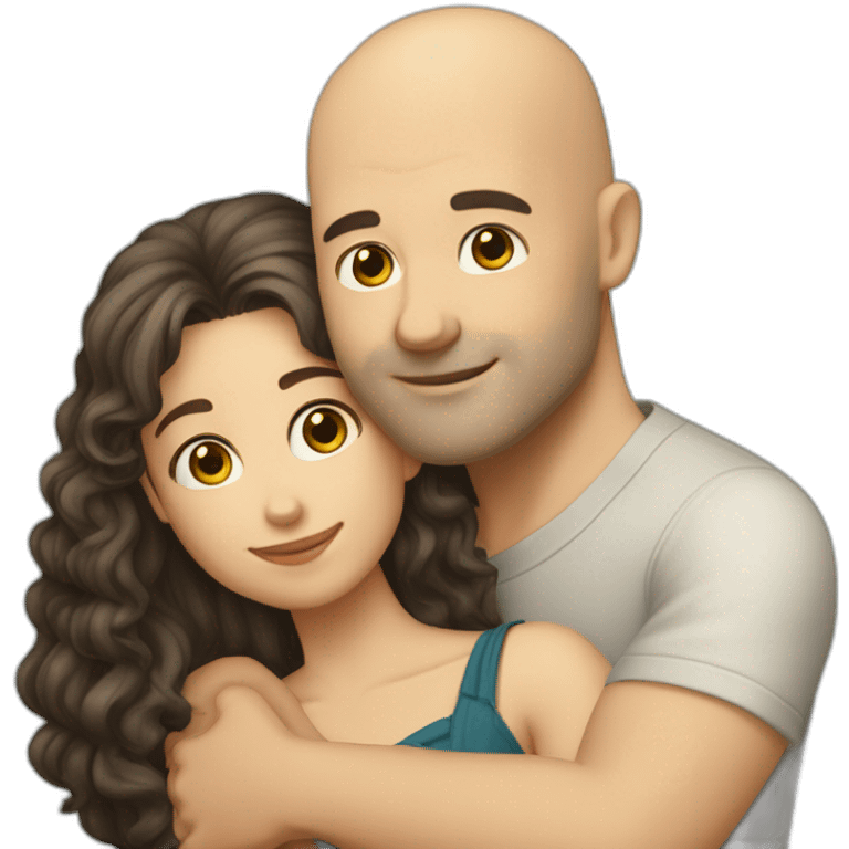 caucasian bald man and a caucasian woman with long curly dark hair and bangs hugging emoji