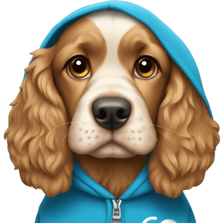 Cocker spaniel wearing a blue hoodie with the logo of toncoin emoji