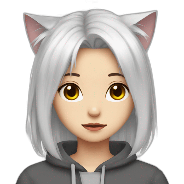 Girl straight white hair cat ears sad emoji