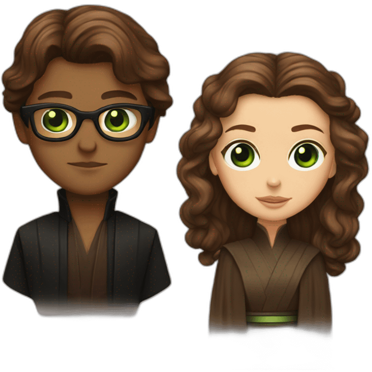 anakin with glasses and padme with green eyes, long brown hair emoji