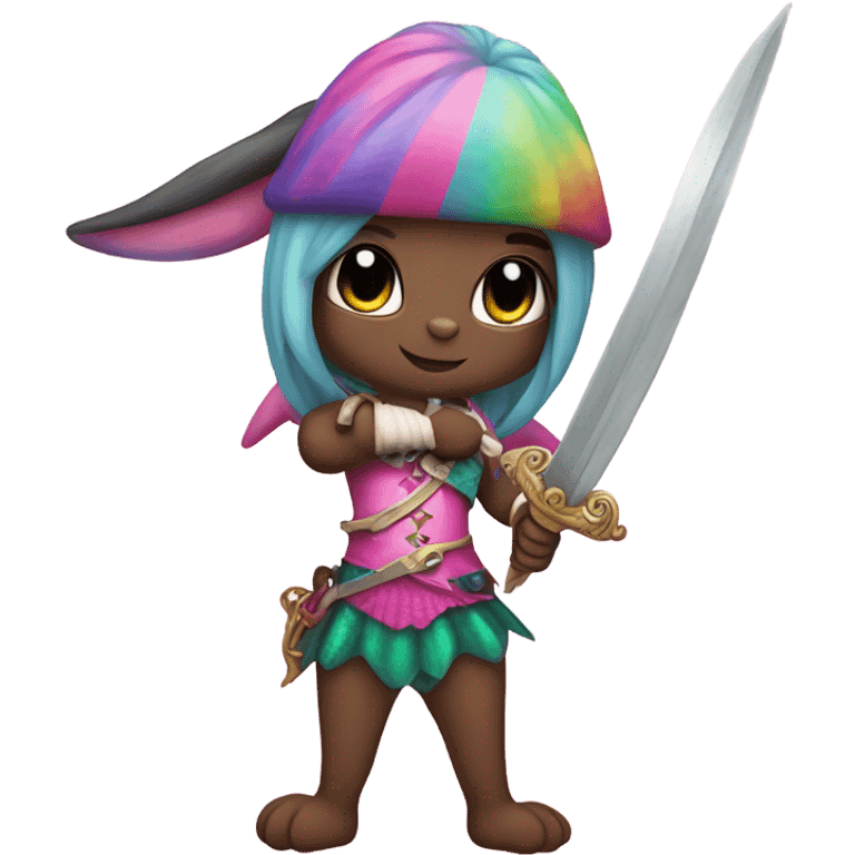 Rainbow mermaid bunny wearing pink pirate clothes and sword emoji