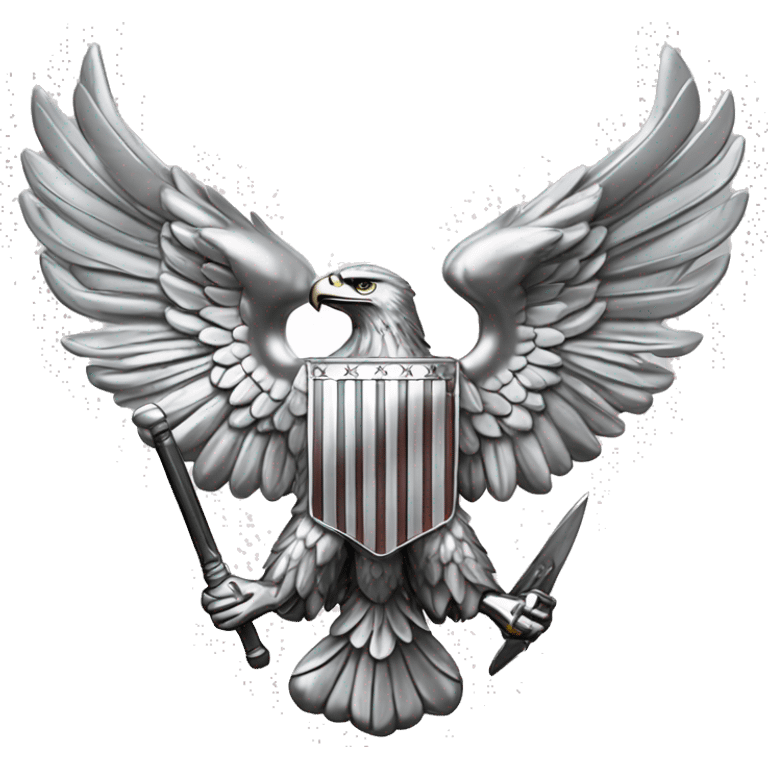 Create an emoji of a silver US Army O-6 Colonel insignia: a detailed silver eagle with outstretched wings, clutching arrows and bearing a shield on its chest. Ensure the background is transparent. The entire thing should be silver emoji