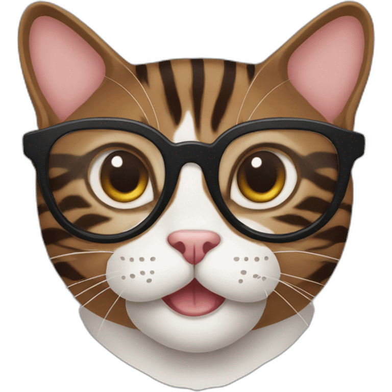 Striped wenge domestic shorthair cat head with white mouth wearing glasses emoji