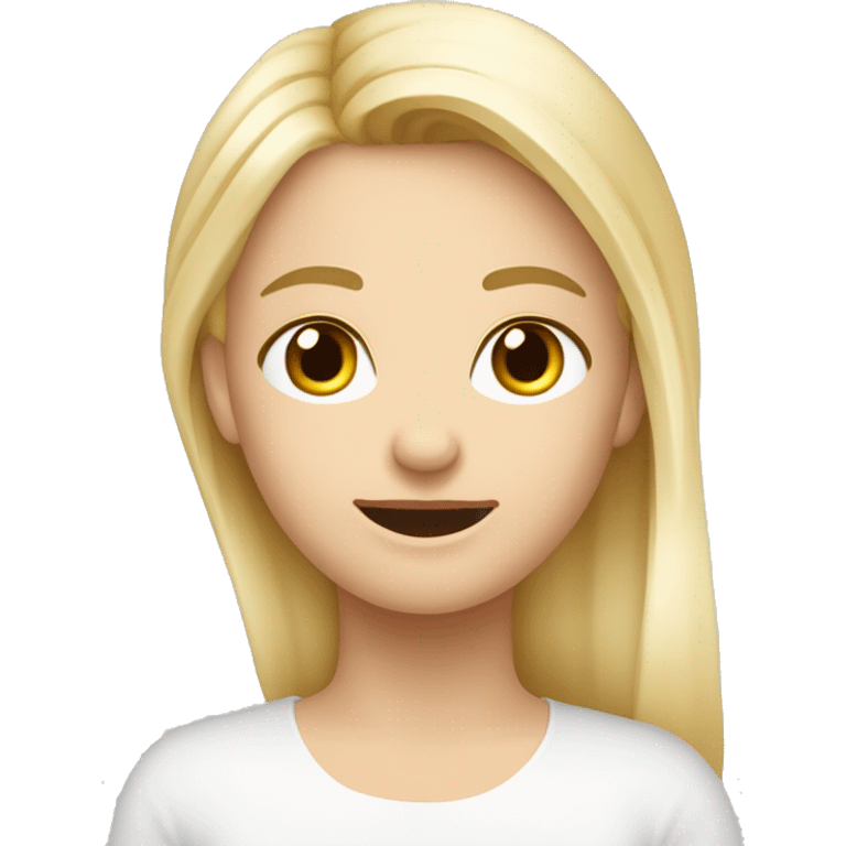 Blondýna, vlasy po prsa, široký úsměv a velká brada, modré oč, kulatý obličej, výrazné obočí emoji