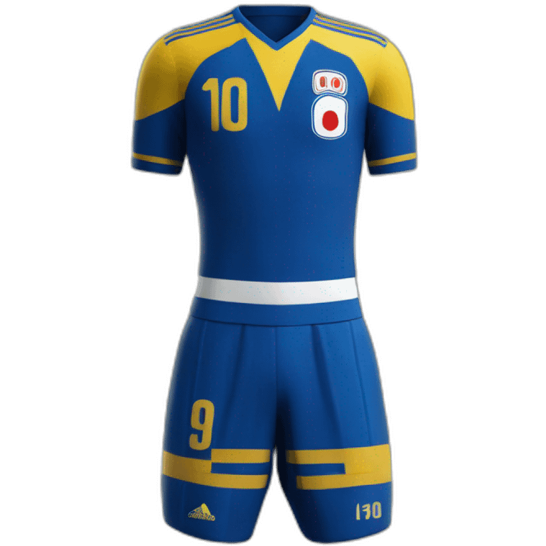 maillot de foot japon bleu avec ecrit au dos "Lehout" en jaune emoji