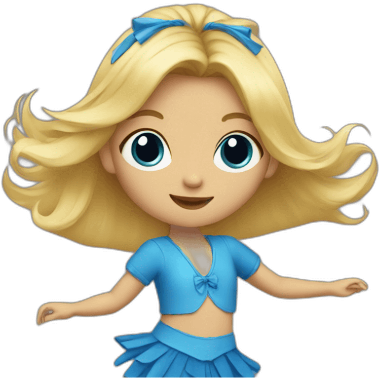 little blonde girl dancing in a blue bird costume emoji