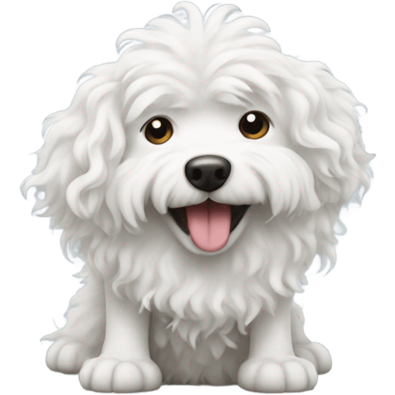 White curly fluffy dog doing a poo emoji