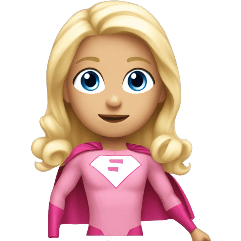 young blonde girl, blue eyes, wearing pink superhero costume, flying with one arm forward emoji