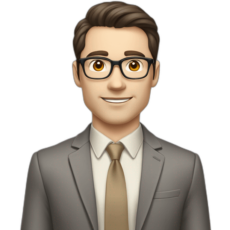 Pale skinned fit man with dark brown hair in gray jacket, beige office shirt, brown tie, brown pants and vintage glasses Writing on the marker board emoji