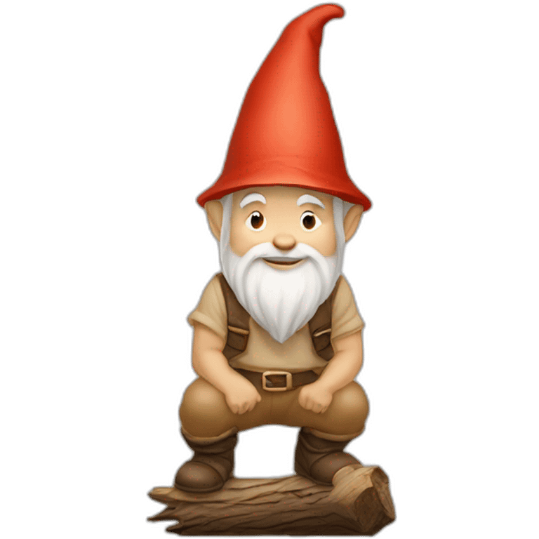 side view of gnome with light tan pants squatting on top of small brown log emoji