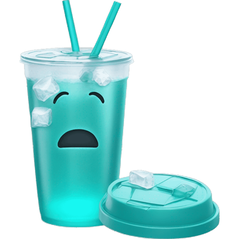 Realistic plastic cup and lid with Transluscent teal and large ice cubes inside and one straw through the top of the lid. emoji