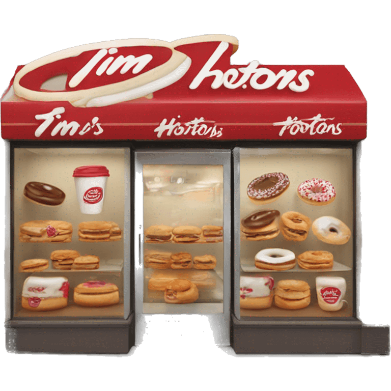 “Tim Hortons store with a red and white color scheme, featuring the classic Tim Hortons logo, a warm and welcoming design that represents a popular coffee and donut shop.” emoji