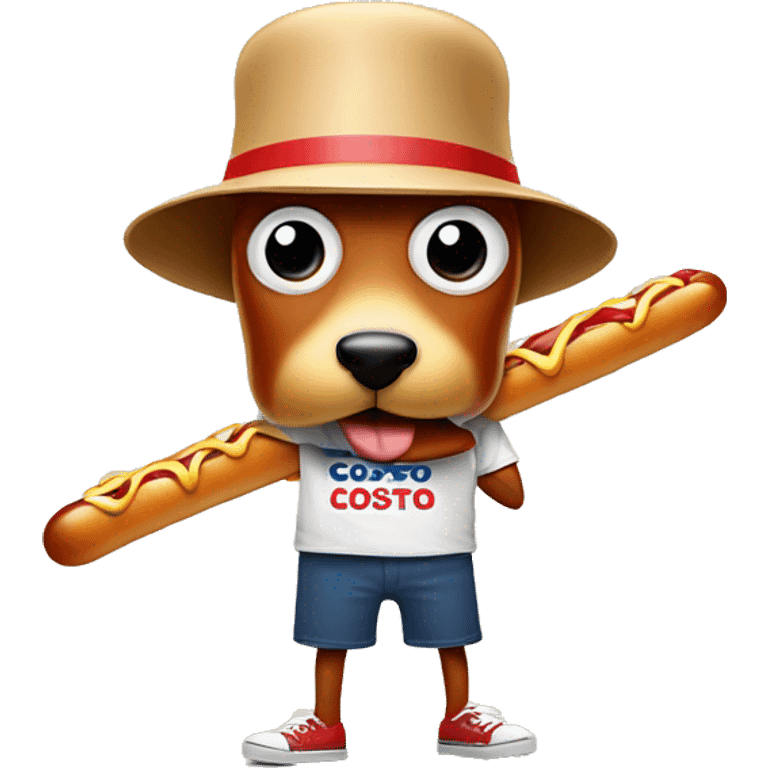 Costco hotdog mascot wearing a Costco bucket hat eating a smaller hotdog emoji