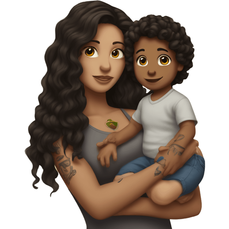  Brunette with tattoos on arm with long hair holding a baby boy with dark brown curly hair  emoji