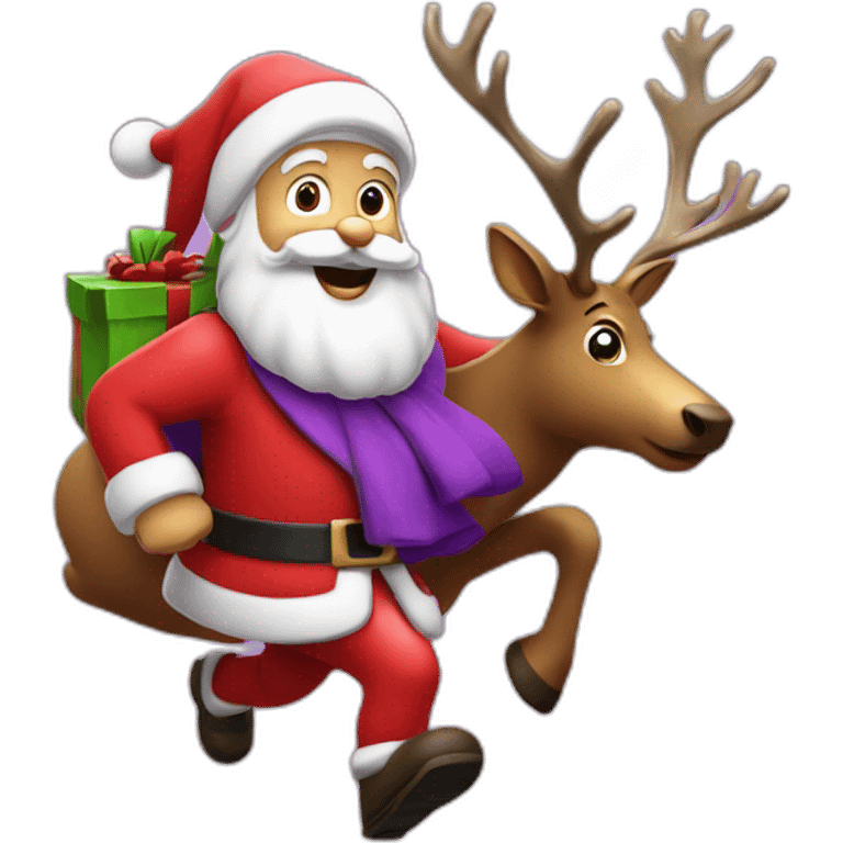 Santa Claus dressed in purple running with the reindeer to deliver the presents emoji