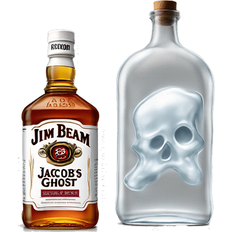 Realistic bottle of clear whiskey Jim Beam's Jacob's Ghost white label and lid with clear glass of clear whiskey with Cranberries and ice in glass. emoji