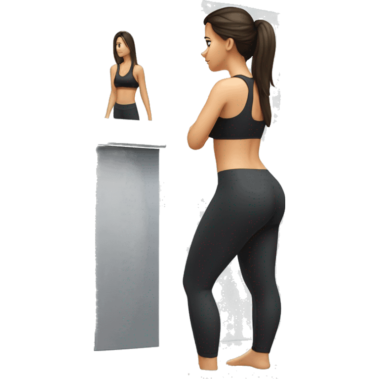 Side view of one fit brunette girl standing on a bathroom scale, looking down, wearing black leggings and a sports bra emoji