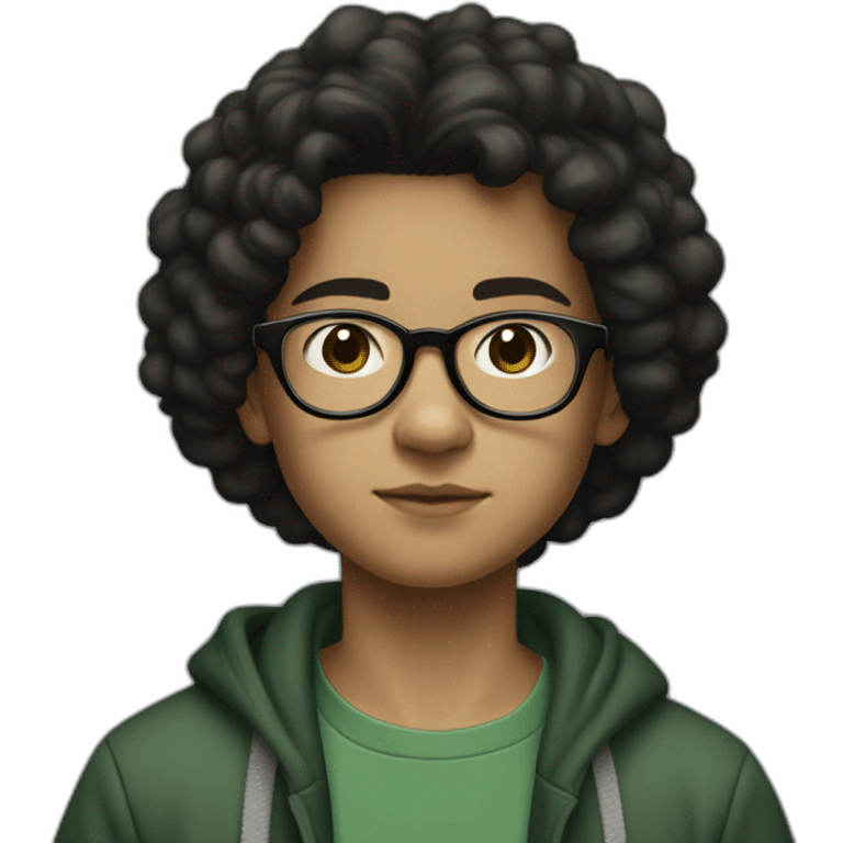 A 13 year old boy with black hair and black square glasses standing and wearing baggy jeans and white sneakers and a dark green sweatshirt, slightly big nose and light skin color emoji