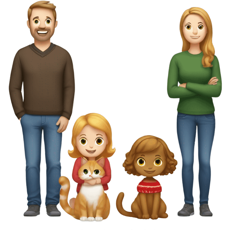 Family of 3 people and a cat: Brown hair dad , brown hair mom , blond little daughter and a ginger cat in Christmas Day  emoji