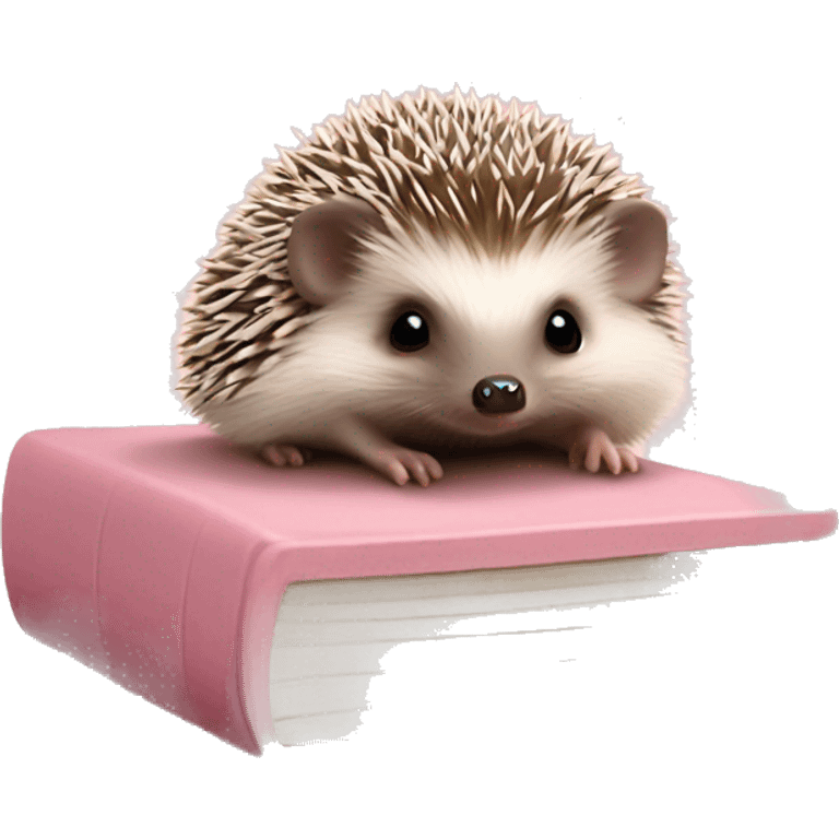 Baby hedgehog on top of closed light pink book emoji