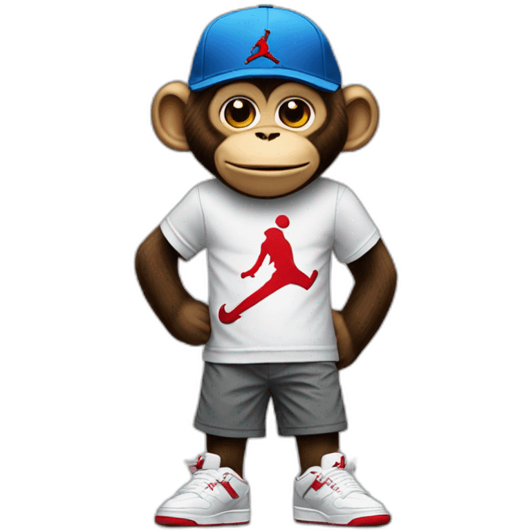 Monkey wearing Jordan 4 on its feet with a bunch of Nike clothes with a Nike hat emoji AI Emoji Generator