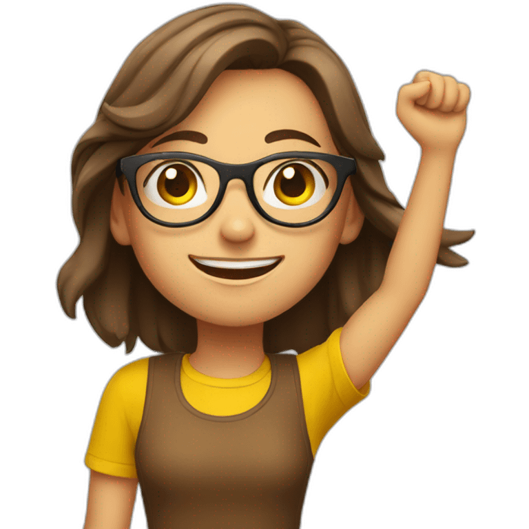 european girl with glasses, yellow t-shirt and brown hair celebrating arms up emoji