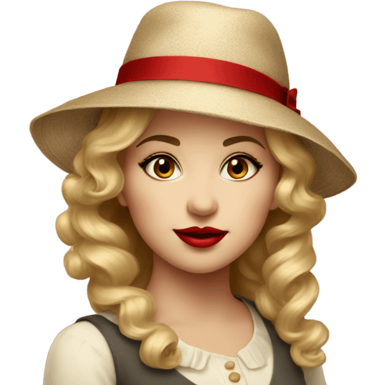 beautiful vintage girl in a hat with red lipstick emoji