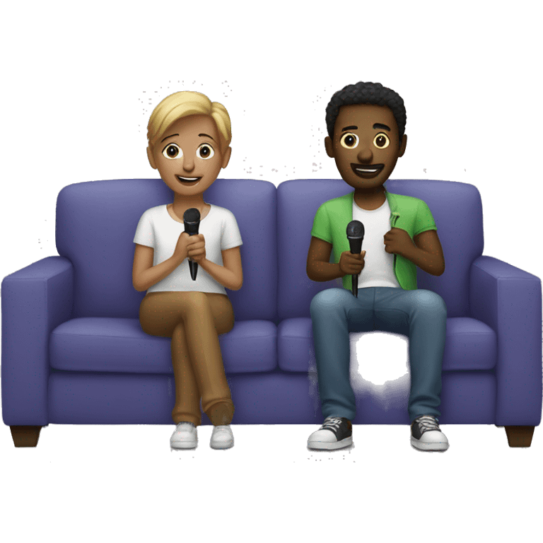 Two friends sitting on couch holding microphones emoji