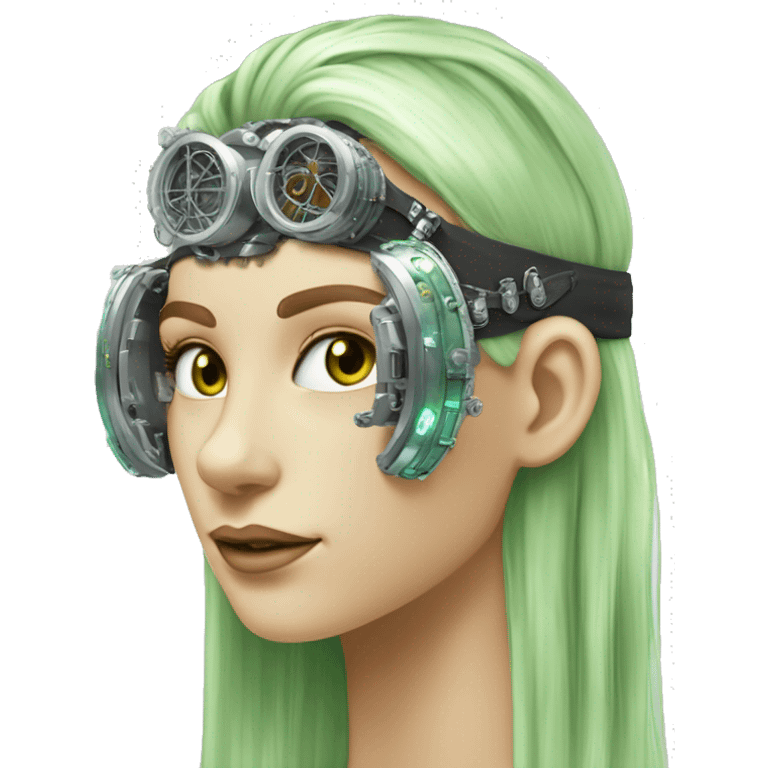 Light green long hair female cyborg head with silver steampunk goggles as a headband, circuits emoji