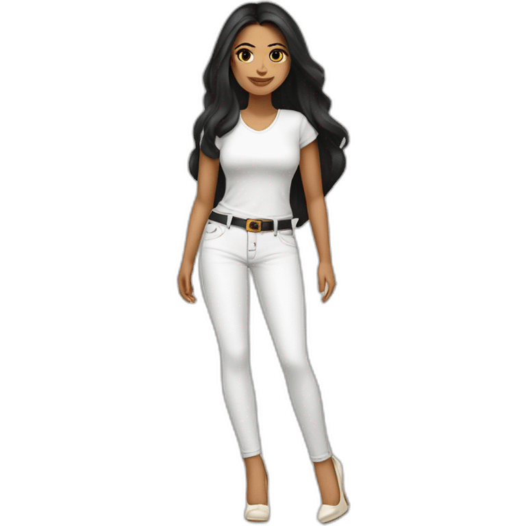 Brazilian Woman with small lips black eyes long black hair dressing white jeans with Tshirt in cream high heels her face emoji