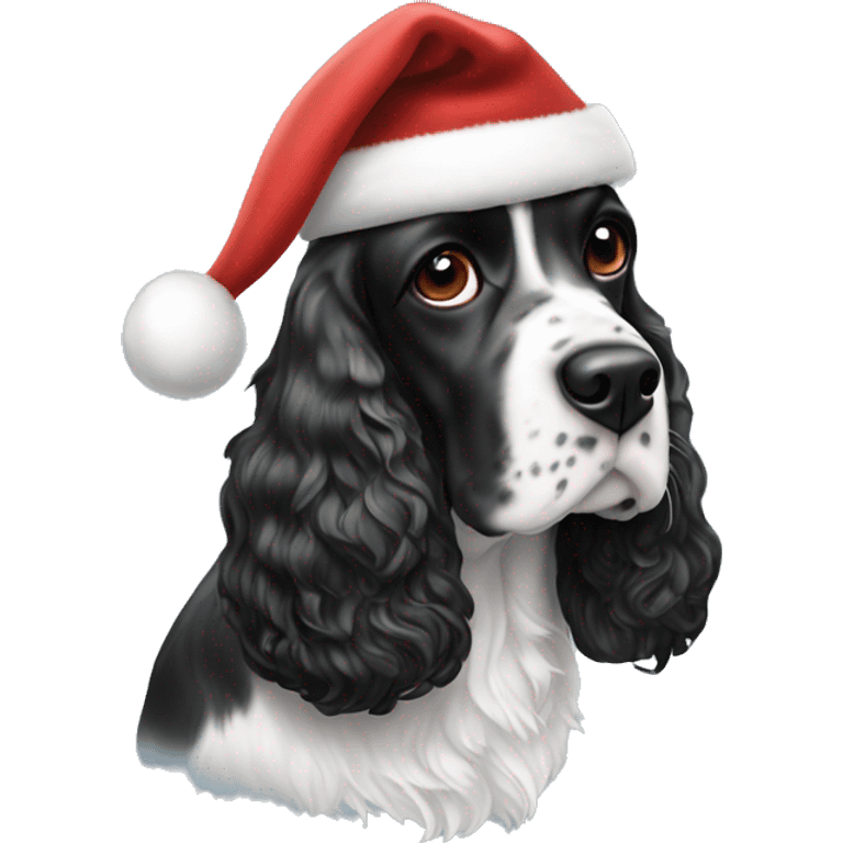 black and white english cocker spaniel with spots on nose and santa hat emoji