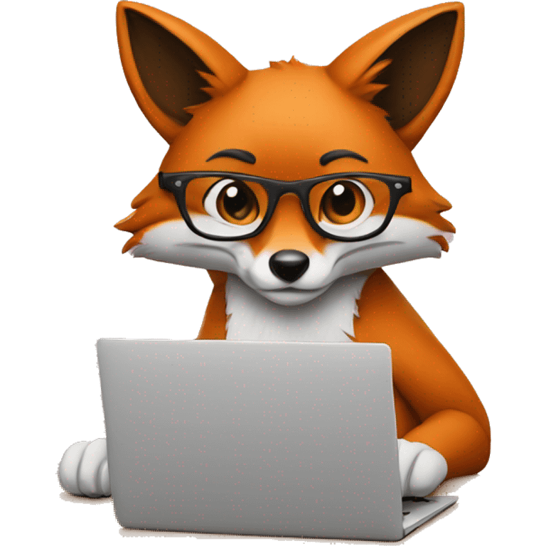 Fox is sitting at a table with a laptop, wearing glasses emoji