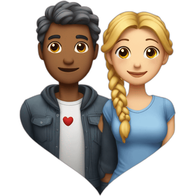 Man loves woman with pigtails, heart between them emoji