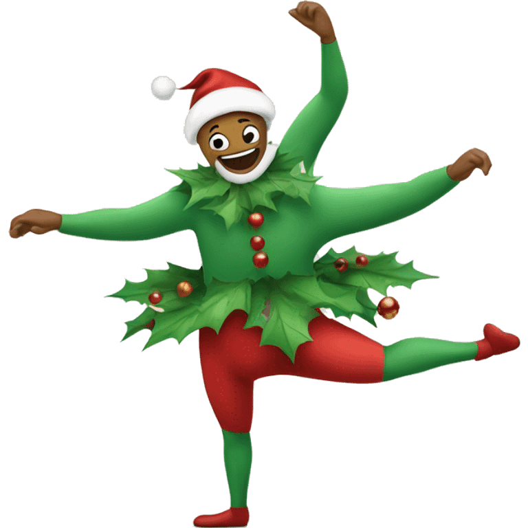 A cartoon Christmas wreath with long arms and legs is smiling as it dances ballet in the snow emoji