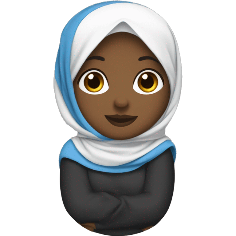 Black chubby Hijabi sitting in brown abaya and white and blue hijab emoji