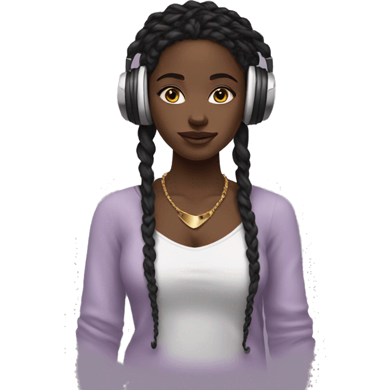 African girl. Black long twists. Wearing white headphones. Listening to music. Wearing a light purple v neck top. Gold Jewelry. Makeup. Blush. emoji