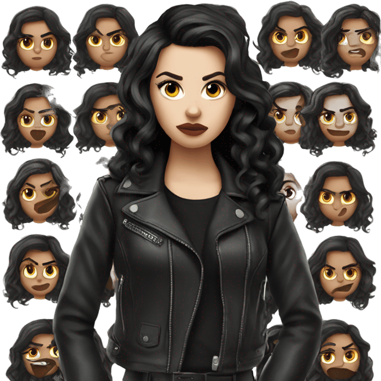 White girl, with long curly black hair, black winged eyeliner, wearing black shirt and black leather jacket, rolling her eyes annoyed emoji