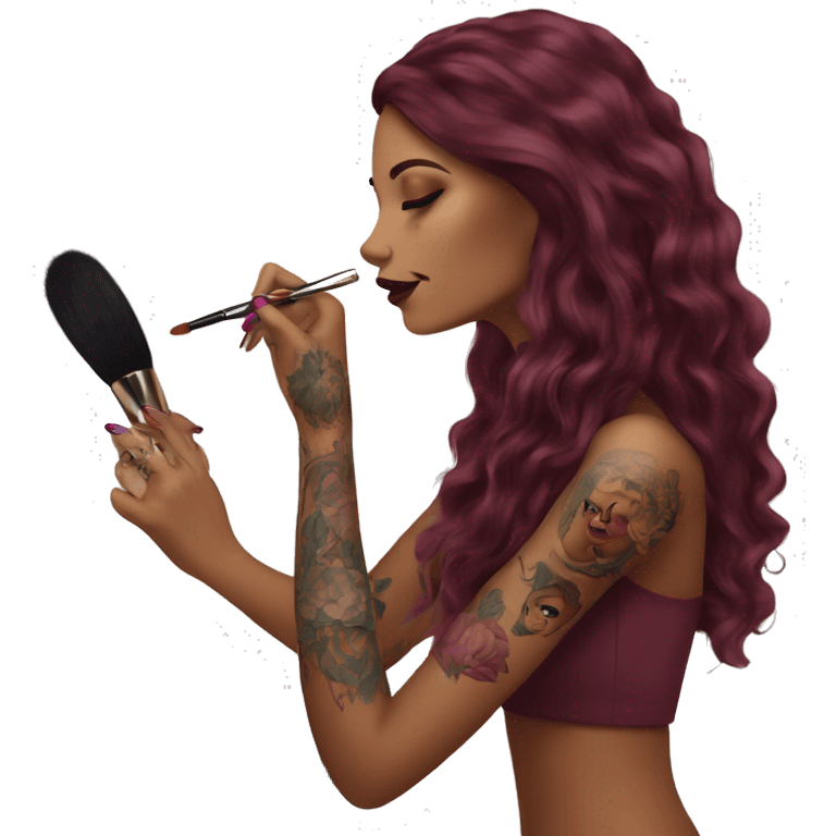 Beautiful tattooed burgundy long haired woman doing her makeup emoji