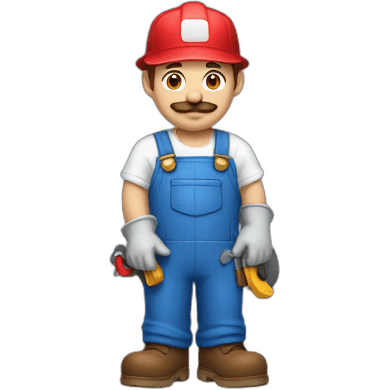 Plumber, red hat, mustache, blue overalls, white gloves, brown shoes. emoji