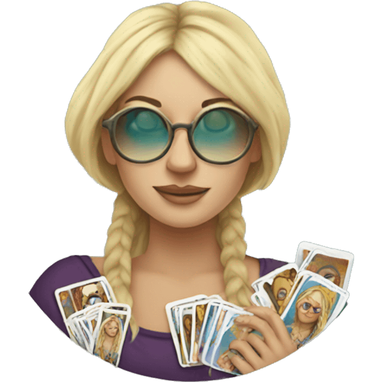 Blonde Hippie Karen with circular glasses and tarot cards emoji