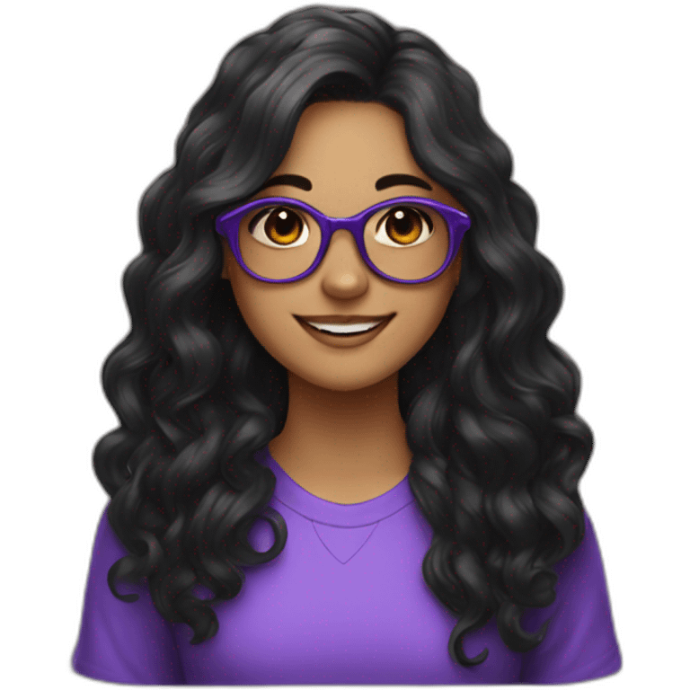 With Girl with long black hair with loose curls and purple glasses, smile, black eyes, emoji