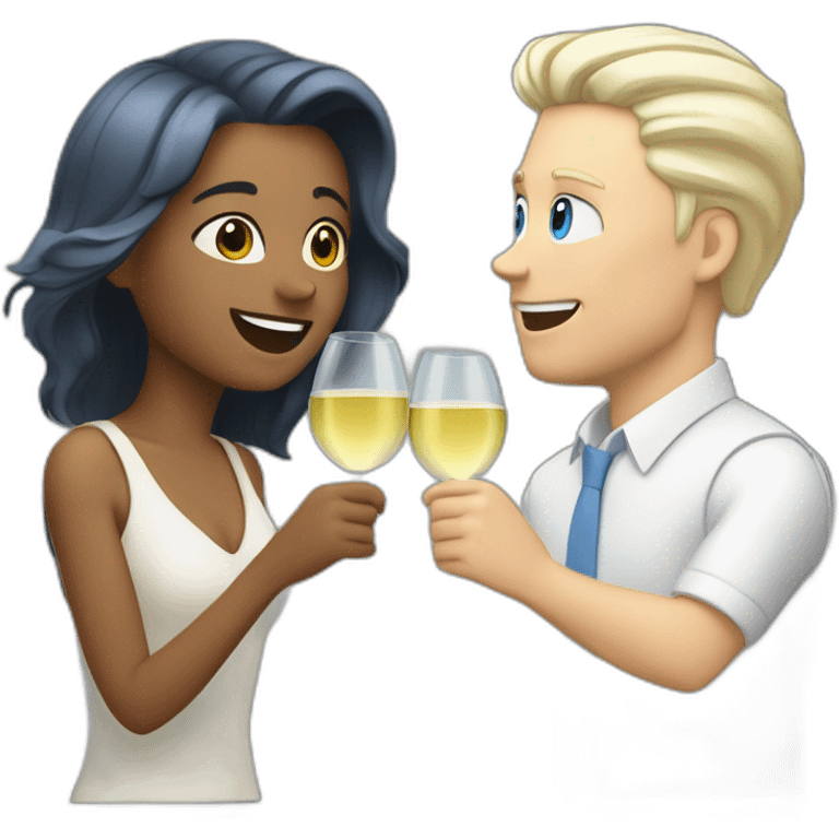 A white woman with brown eyes and blond hair and a white man with blue eyes and grey hair, they toast to each other with a glass of white wine. emoji